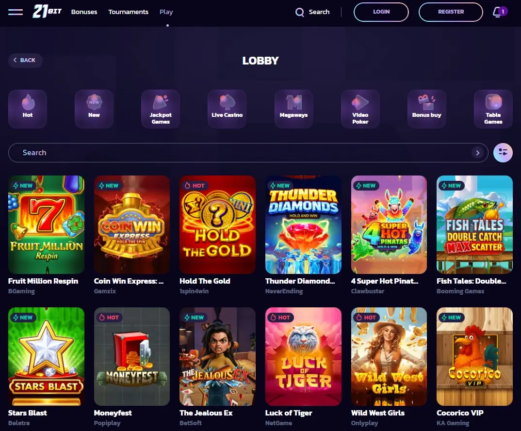 21bit Australia games lobby showing main categories, search and game tiles