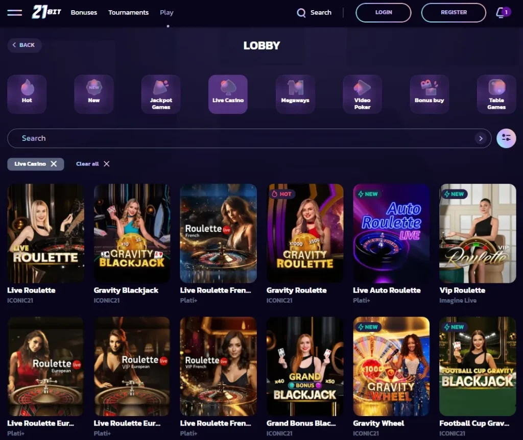 21bit Australia live casino lobby showing live dealer table categories