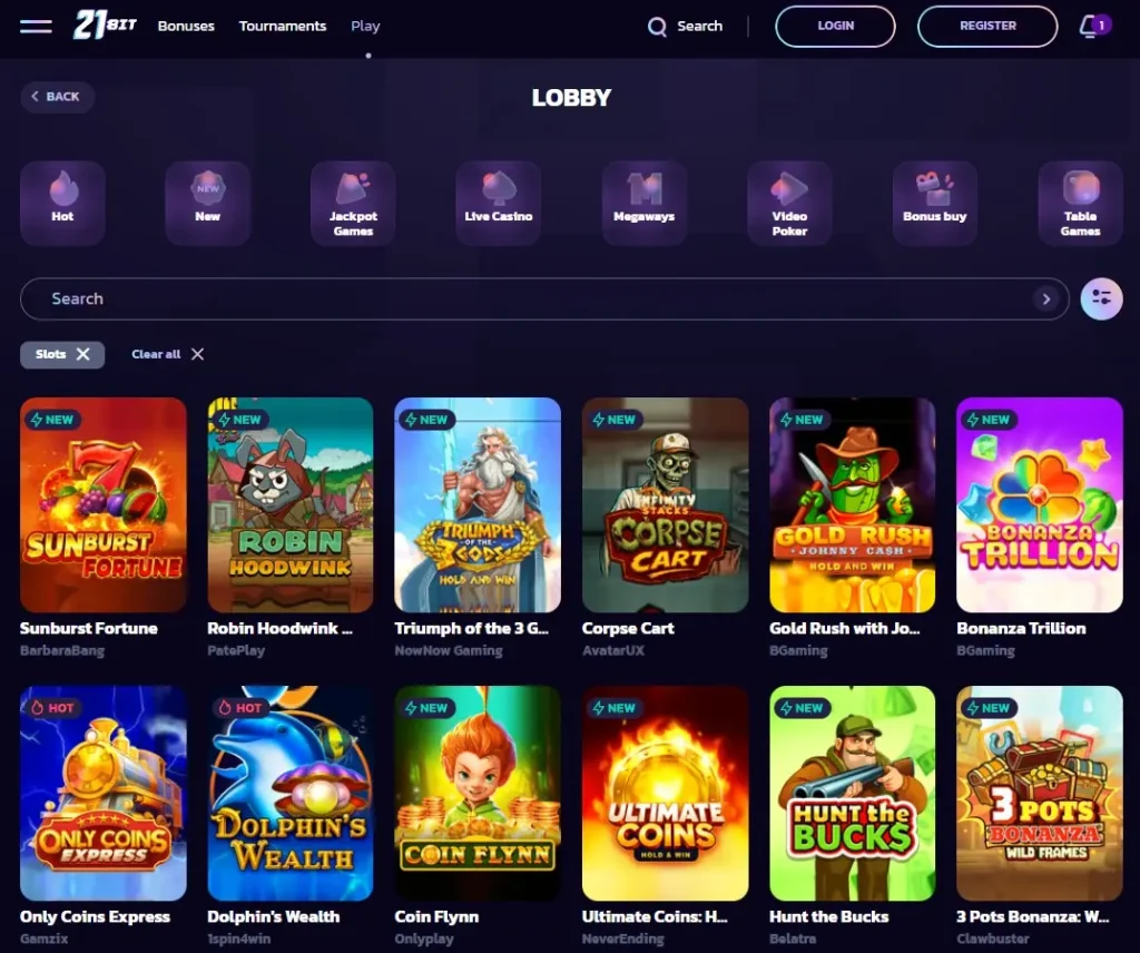 21bit Australia slots and pokies lobby with category navigation and search visible