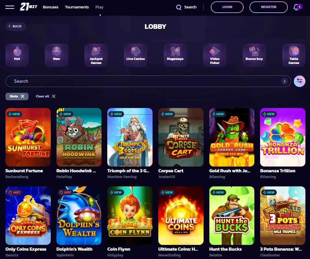 21bit Australia slots and pokies lobby with category navigation and search visible