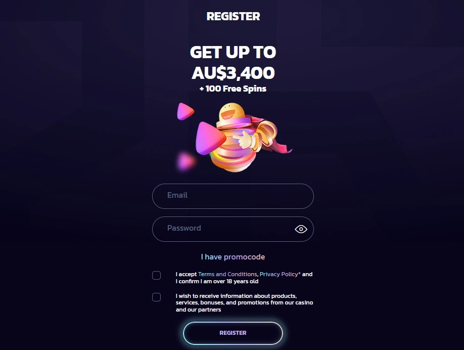 Current 21bit Australia registration form showing email, password, promo code option and 18+ acknowledgement