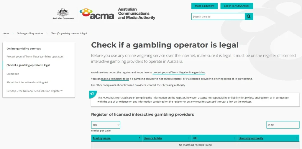ACMA licensed interactive gambling provider register used to check Australian licensing status