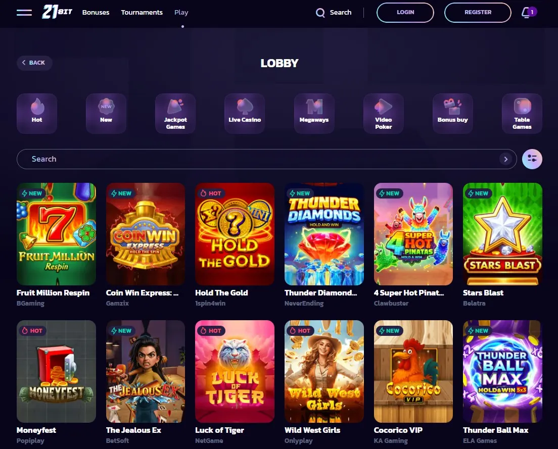 Current 21bit Australia games lobby with casino categories visible