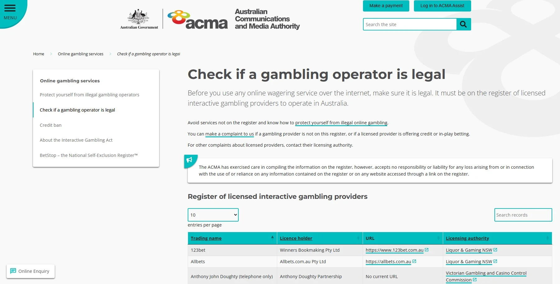 ACMA licensed interactive gambling provider register page used for Australian regulatory checking
